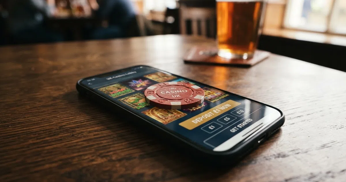 A British pound coin resting on a smartphone screen displaying a casino lobby with slot thumbnails and a £1 deposit button