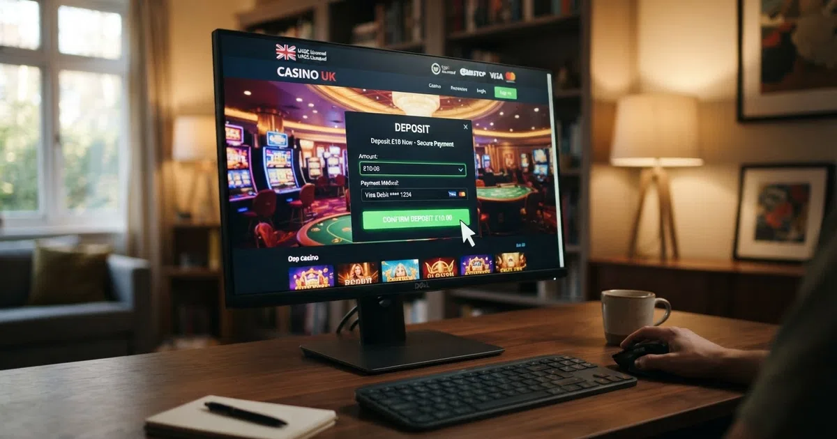 A UK online casino lobby on a desktop screen, showing a deposit dialog with a ten-pound amount selected and a cursor hovering over the confirm button