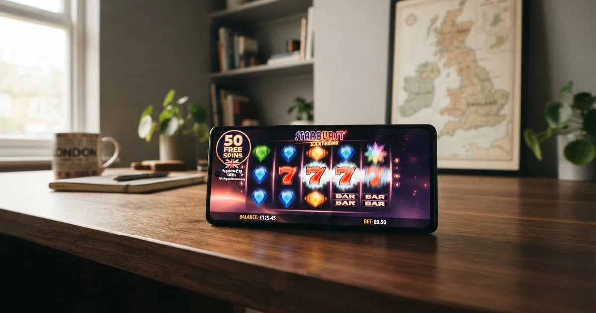 A smartphone displaying a UK online casino slots screen with a “Free Spins” badge visible, set against a plain background