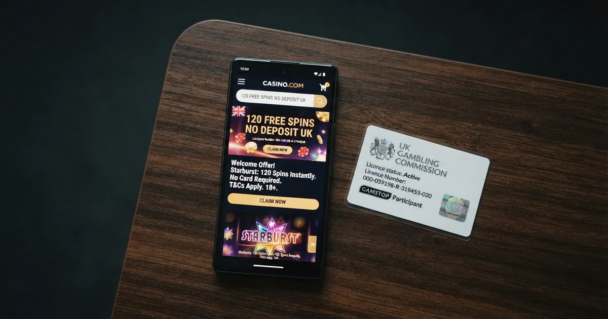 A smartphone showing a UK online casino free-spins promotion page beside a Gambling Commission licence badge, with a search bar visible at the top of the screen