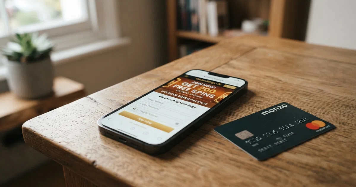 A smartphone screen showing a UK online casino registration page with a free-spins welcome offer banner, beside a British debit card on a desk