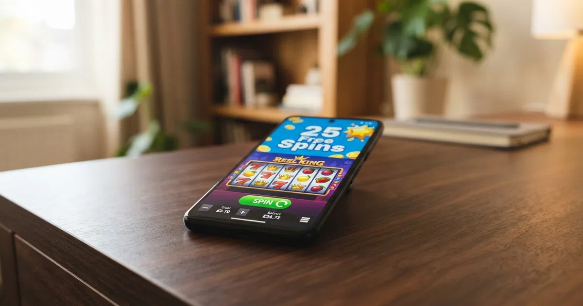 A smartphone showing an online slot's free-spins banner, a spin button and a £0.10 stake marker
