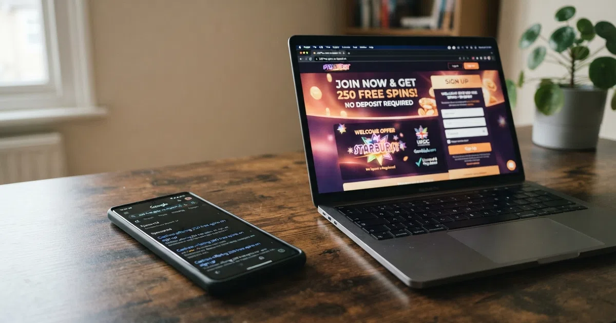 A split-screen comparison: on the left, a search engine displaying the query “250 free spins no deposit uk”, on the right a UKGC-licensed casino registration page with a prominently displayed free-spins welcome offer banner