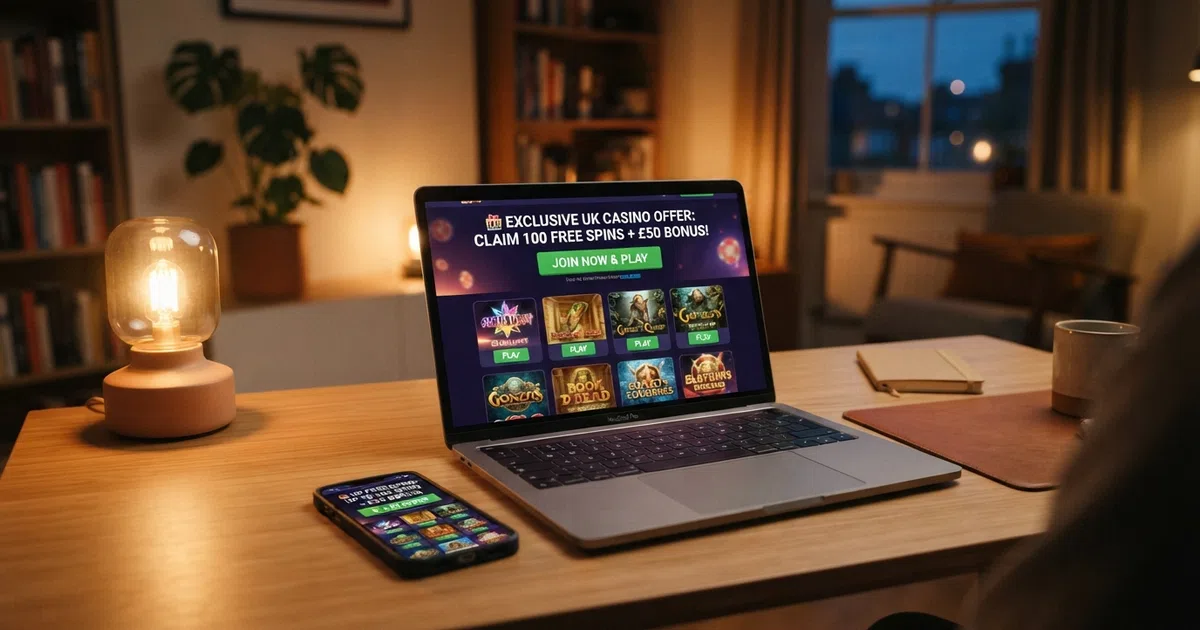 A laptop and smartphone screen displaying a UK online casino free-spins offer page with a register button and slot game icons visible