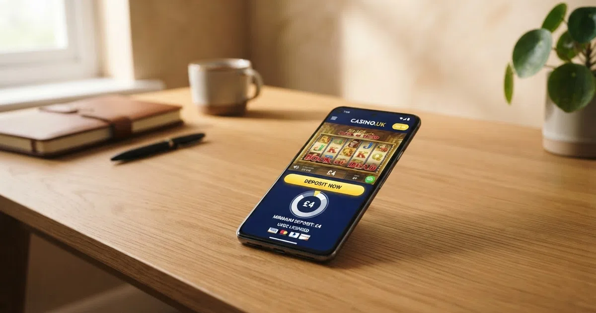 A smartphone screen displaying a UK online casino game lobby with slot titles and a deposit-amount selector visible, set against a neutral background