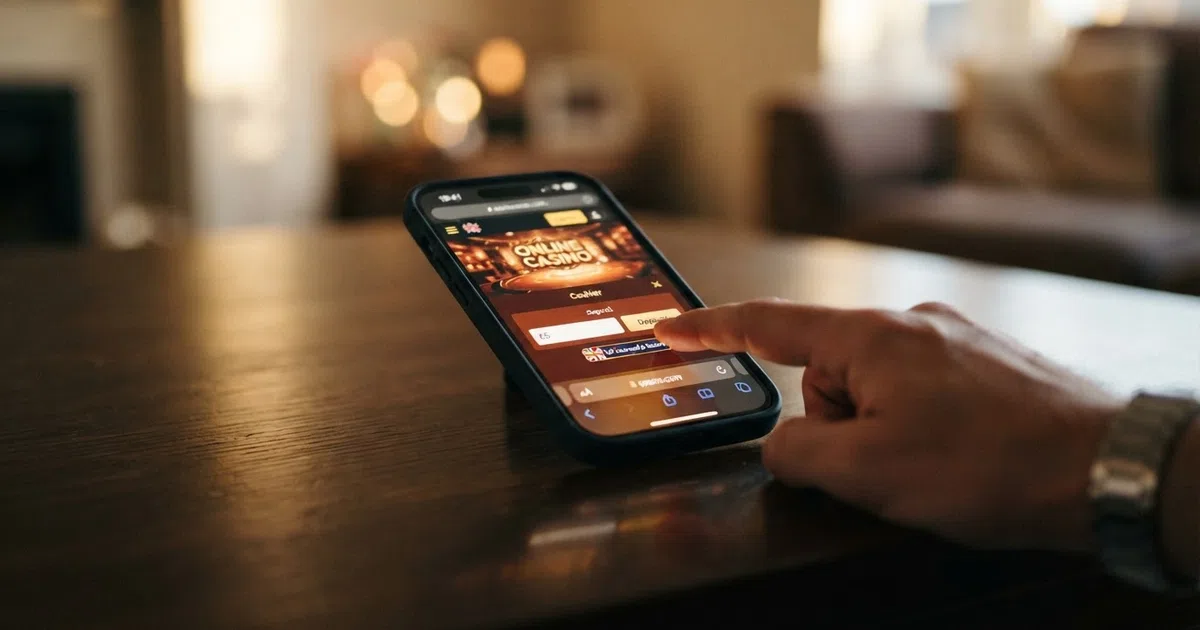 A smartphone screen displaying a UK online casino game lobby with a deposit button and a £5 amount entered in the cashier field