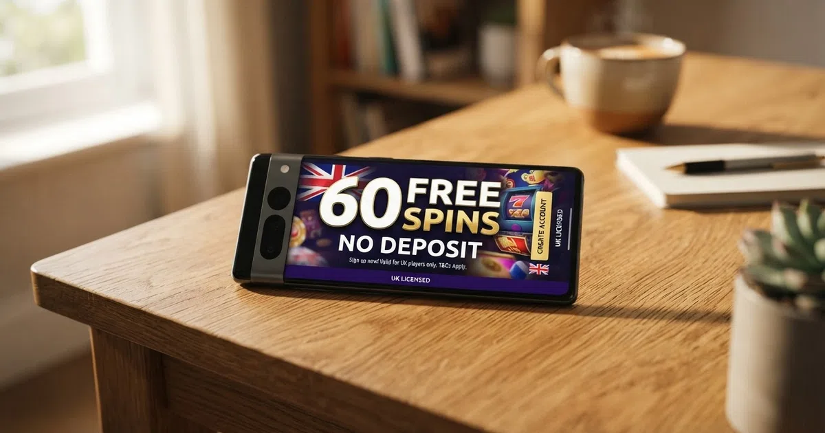 A smartphone screen displaying a UK online casino registration page with a free-spins promotional banner visible, set against a clean background