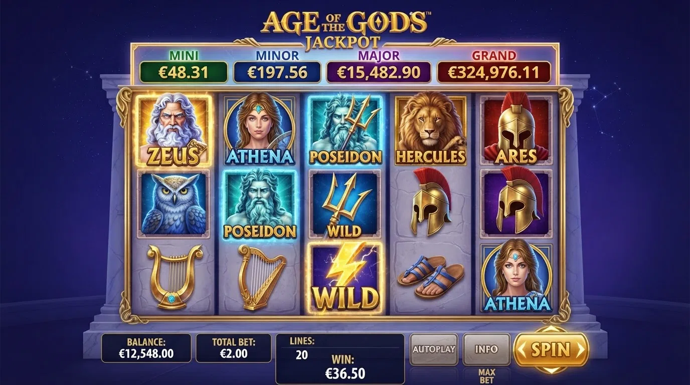The Age of the Gods slot reel set in play, showing Greek-mythology symbols across five reels with the four progressive jackpot tiers displayed above the game grid