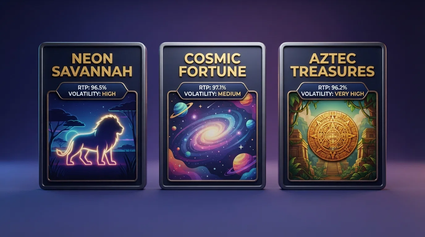 Three Amatic slot title cards — Book of Aztec, Book of Queen and Book of Fortune — side by side with their RTP percentages and volatility labels beneath each one