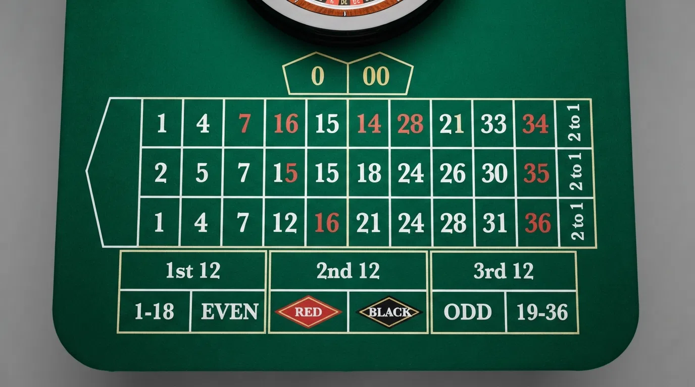 An American roulette table felt with the number grid, the 0 and 00 at the top, and the outside-bet zones marked along the sides