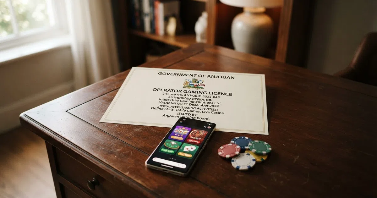 Anjouan gaming licence certificate displayed beside a smartphone showing a casino lobby and a stack of casino chips