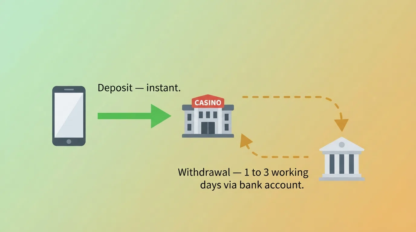A simplified diagram showing two arrows: one solid green arrow pointing from a phone icon to a casino building labelled “Deposit — instant,” and a dashed amber arrow looping from the casino to a bank icon labelled “Withdrawal — 1–3 working days via bank account”