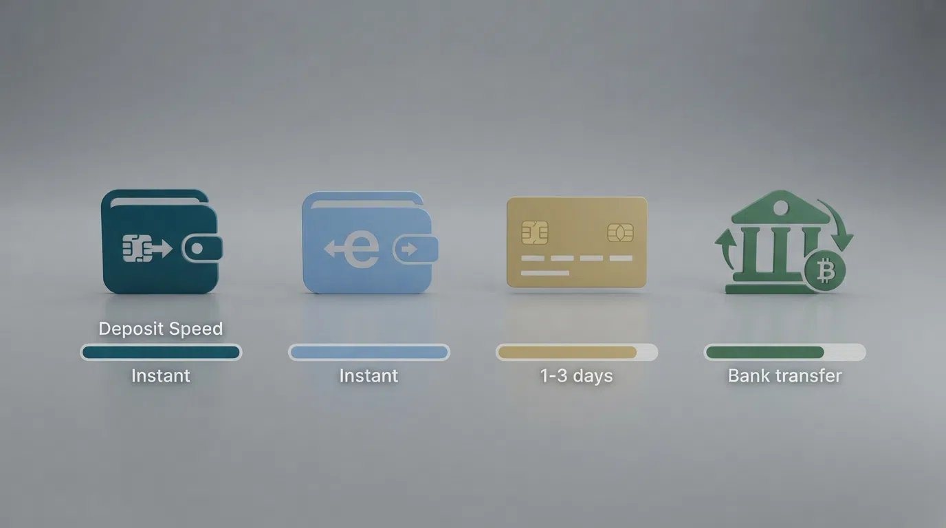 Four payment-method icons — AstroPay, PayPal, a debit card and Trustly — arranged side by side with deposit-speed bars beneath each one