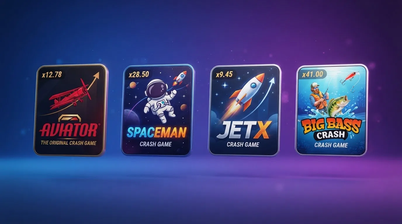 Four crash-game title cards displayed side by side — Aviator, Spaceman, JetX and Big Bass Crash — each showing its distinct visual theme