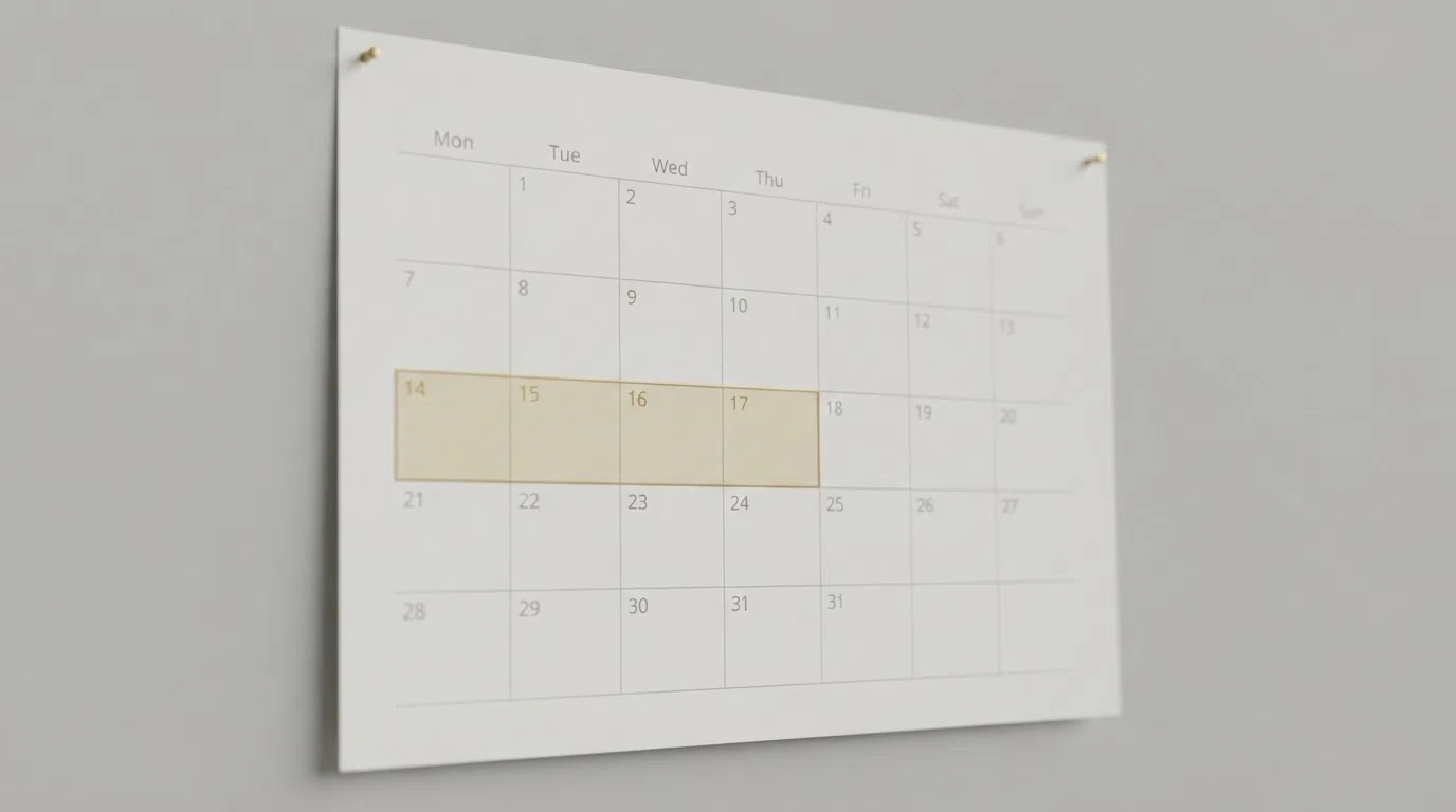 A wall calendar with a highlighted 5-to-10-day window marked for cheque clearing at a casino