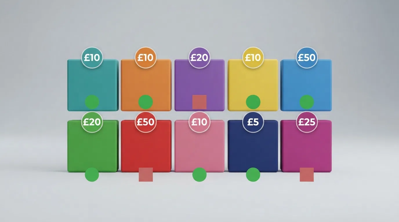 A side-by-side comparison grid of ten UK casino logos with bank transfer deposit minimums and bonus eligibility flags highlighted