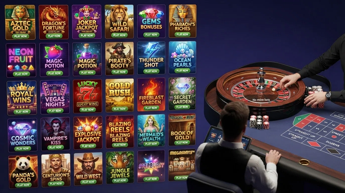 A grid of colourful online slot game covers featuring Gates of Olympus, Sweet Bonanza and Book of Dead alongside a live-dealer roulette table