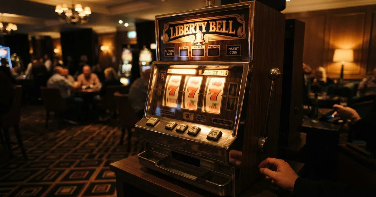 Three classic 3-reel slot reels displaying cherry, bar and seven symbols against a dark casino-style background