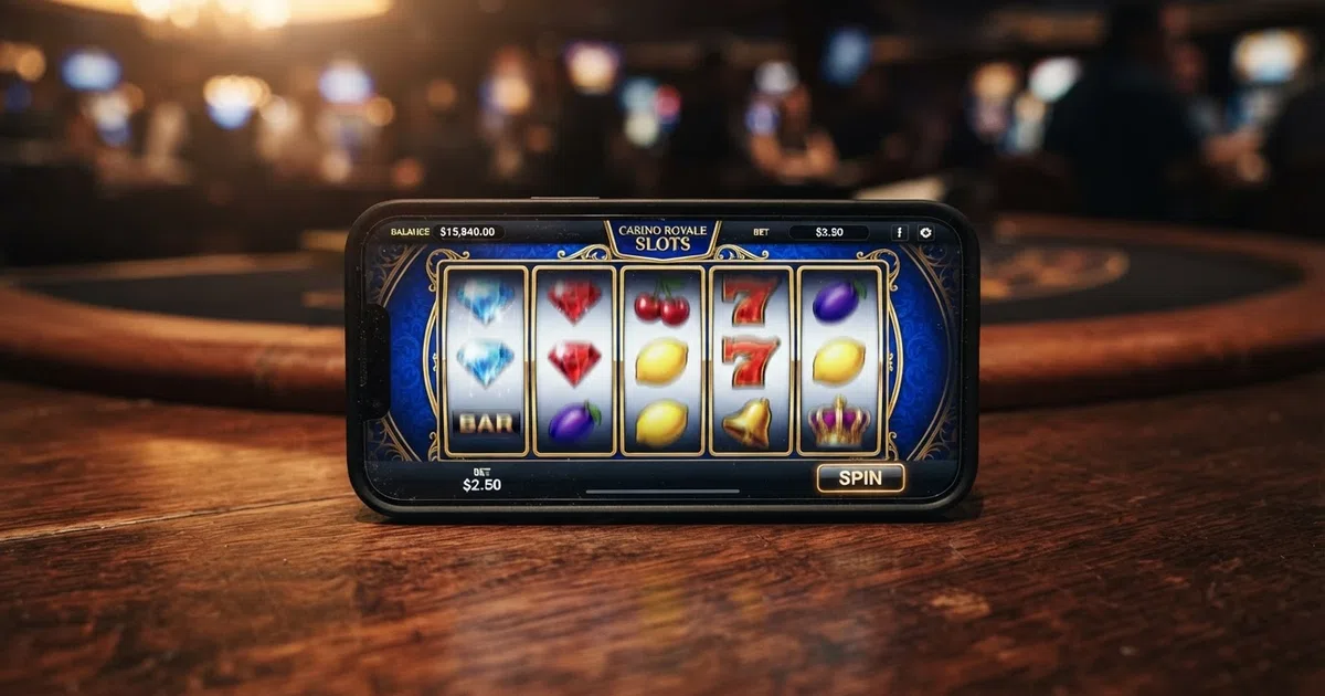 Five illuminated slot reels mid-spin on a smartphone screen, showing colourful symbols against a dark casino-themed background