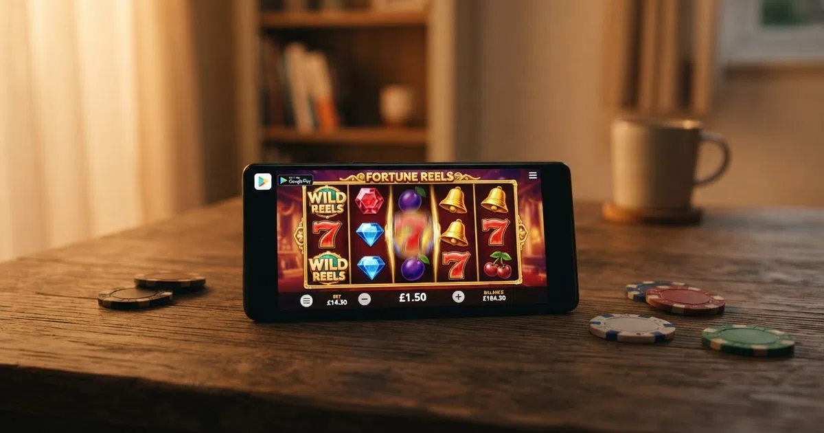 A collage of UK-licensed casino app icons on an Android phone screen, with the Google Play Store badge visible