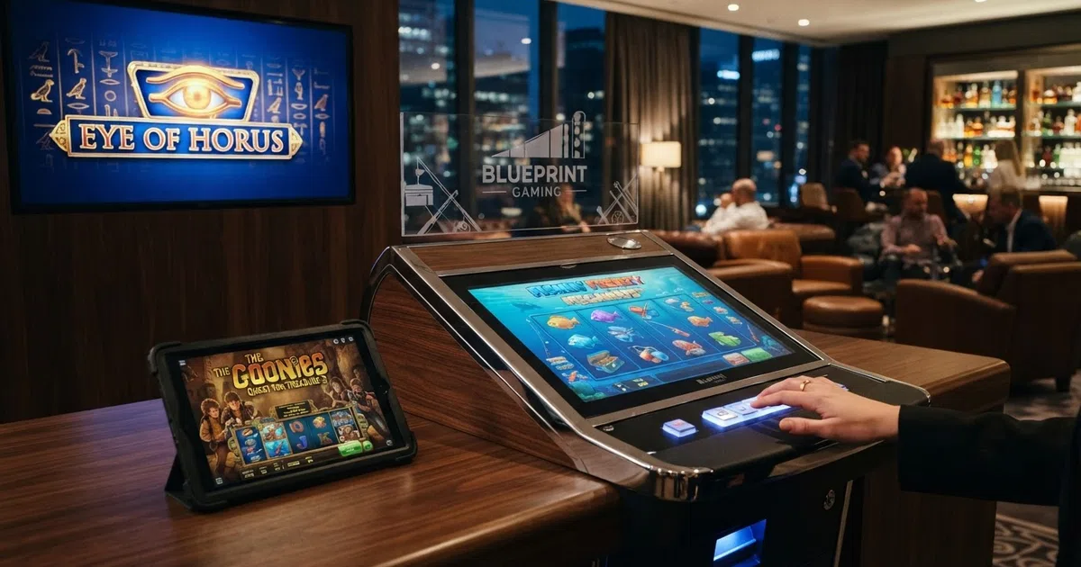 A grid of Blueprint Gaming slot title cards — Fishin' Frenzy, Eye of Horus, The Goonies — arranged across a dark casino-lobby background with the Blueprint Gaming studio logo prominent