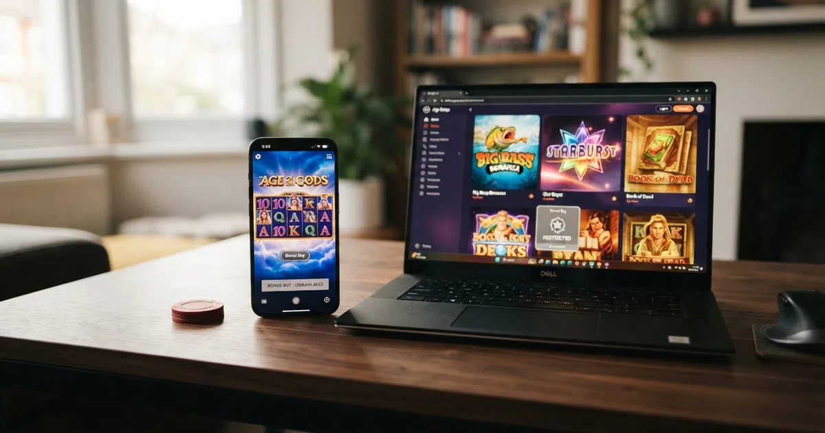 A smartphone and laptop screen displaying a selection of popular bonus buy slot titles including Money Train 4, Gates of Olympus and Sweet Bonanza, with the bonus buy button greyed out on the UK version