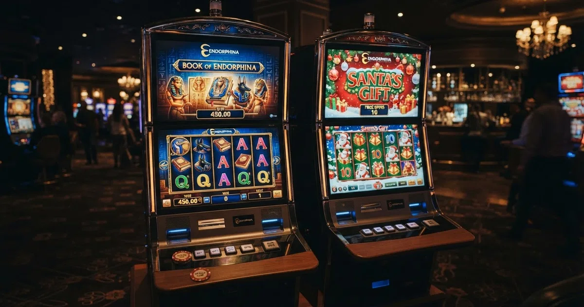 Endorphina logo and a collage of its most recognisable slot titles including Minotaurus and Book of Santa against a dark casino-lobby background