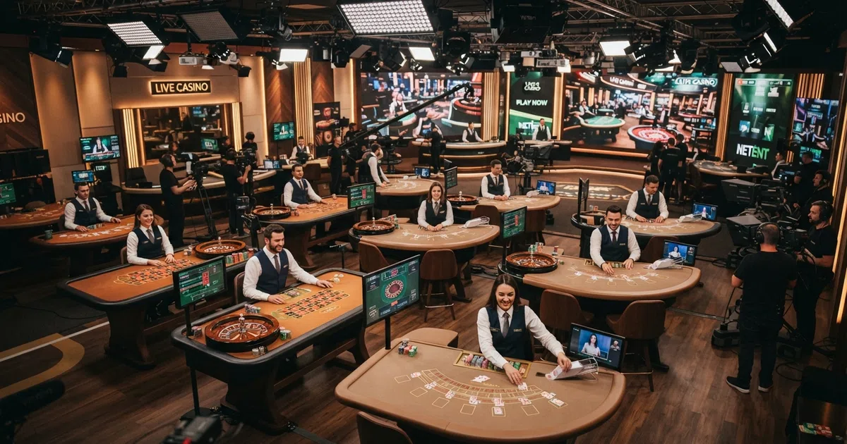A live dealer studio floor with multiple roulette and blackjack tables under broadcast lighting, presenters at their stations