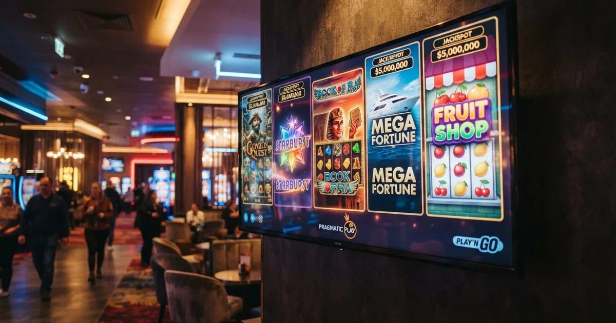 Grid of Greentube slot game tiles including Book of Ra Deluxe, Sizzling Hot Deluxe and Lucky Lady's Charm Deluxe displayed on a UK casino lobby screen