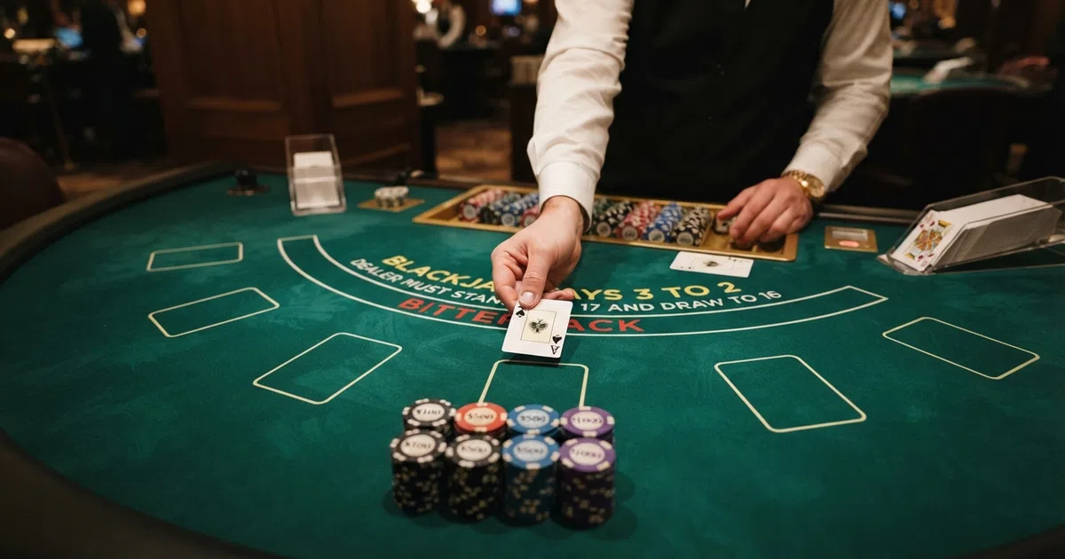 A high-stakes casino table viewed from above with stacks of chips and a dealer hand in progress shot from behind the player position showing the felt and bet layout