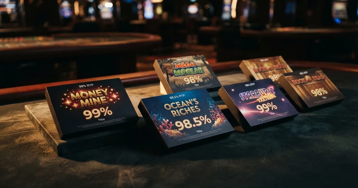 A grid of the highest-RTP slot title cards — Ugga Bugga, Mega Joker, Book of 99, Blood Suckers and 1429 Uncharted Seas — arranged on a dark casino-style background with their RTP percentages displayed prominently.
