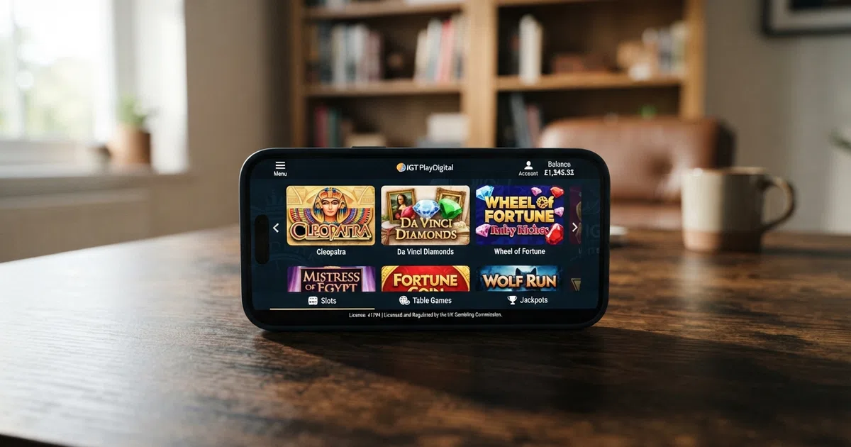 An IGT PlayDigital game lobby screen showing Cleopatra, Da Vinci Diamonds and Wheel of Fortune slot tiles arranged on a dark branded background, with a subtle UK Gambling Commission licence reference in the interface footer