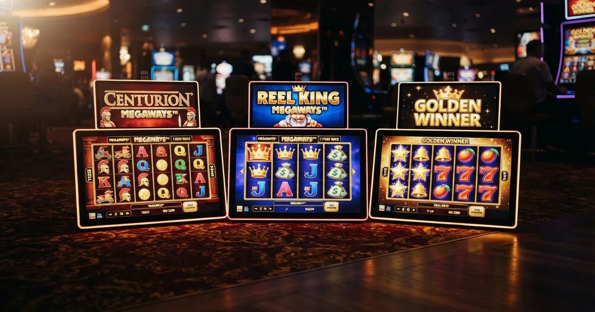 A grid of Inspired Gaming slot title cards — Centurion Megaways, Reel King Megaways and Golden Winner — arranged on a dark background with the Inspired Entertainment logo