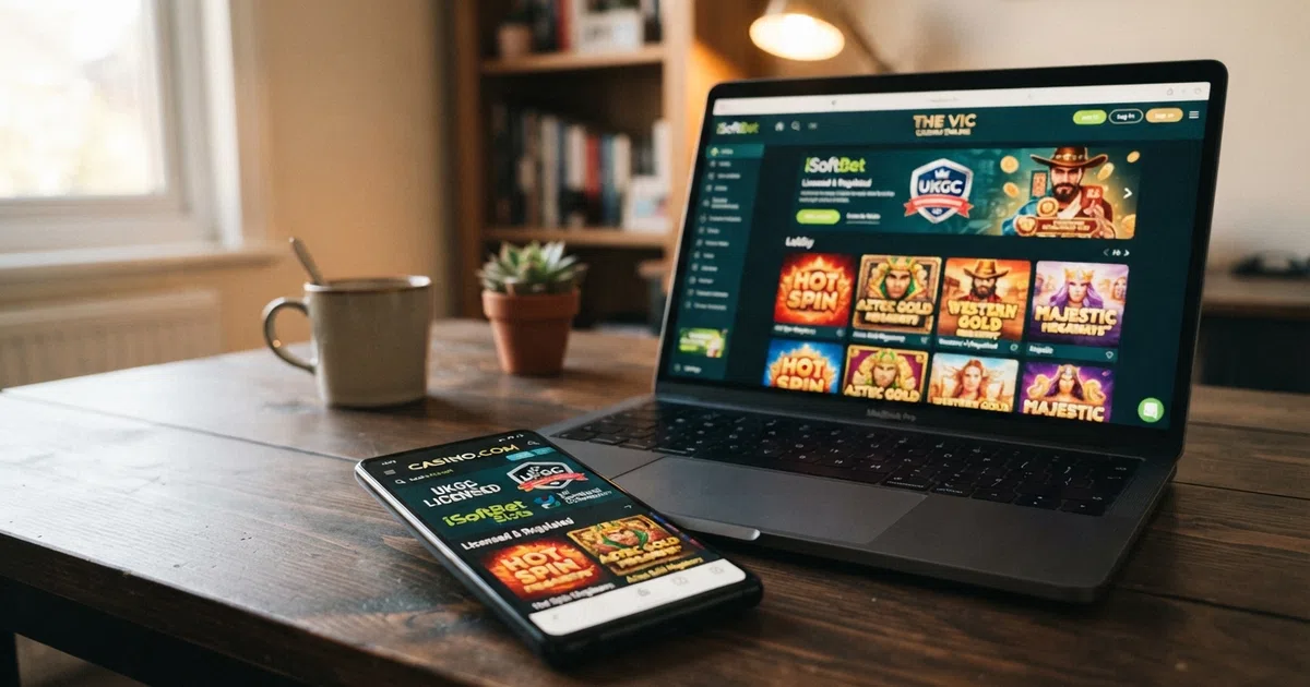 A grid of UK-licensed online casino homepages and iSoftBet slot tiles on desktop and mobile screens, with the UKGC licence badge visible