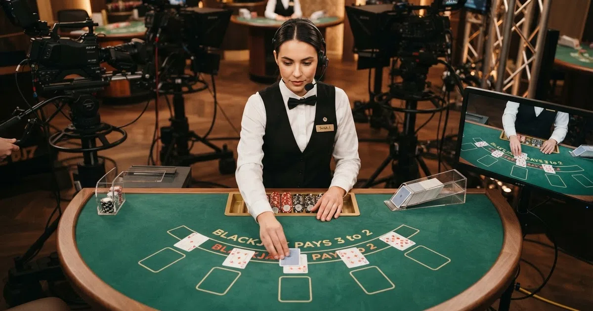 A live dealer standing behind a blackjack table in a professional casino studio, with cards laid out and multiple camera angles visible on an adjacent monitor
