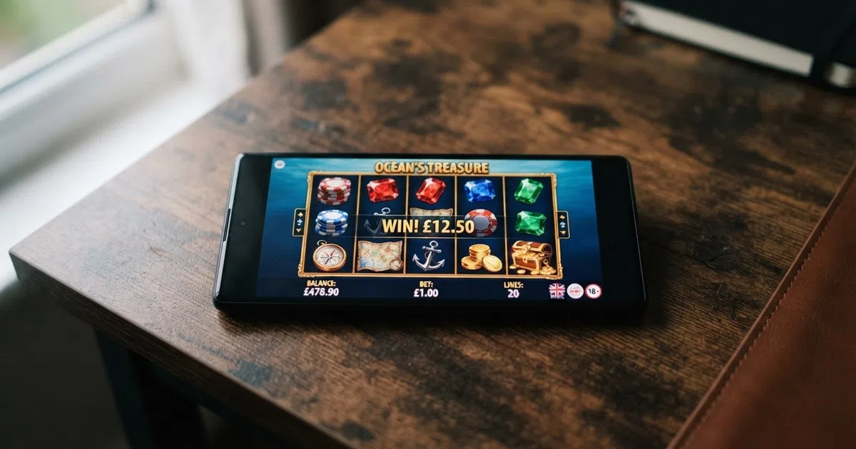 A grid of colourful online slot reels with low-volatility titles including Blood Suckers, Starburst and 1429 Uncharted Seas displayed on screen, set against a clean UK-licensed casino interface background
