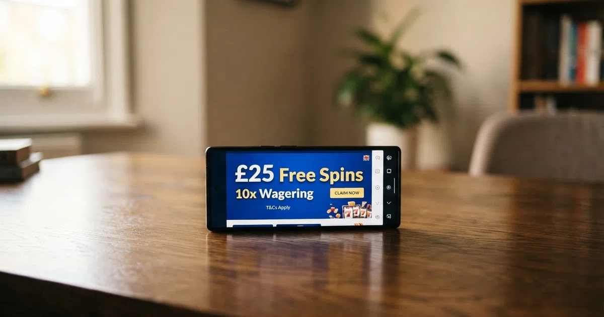 A UK online casino welcome-offer screen showing a bonus amount displayed prominently with its wagering requirement shown in smaller text on the terms panel beneath
