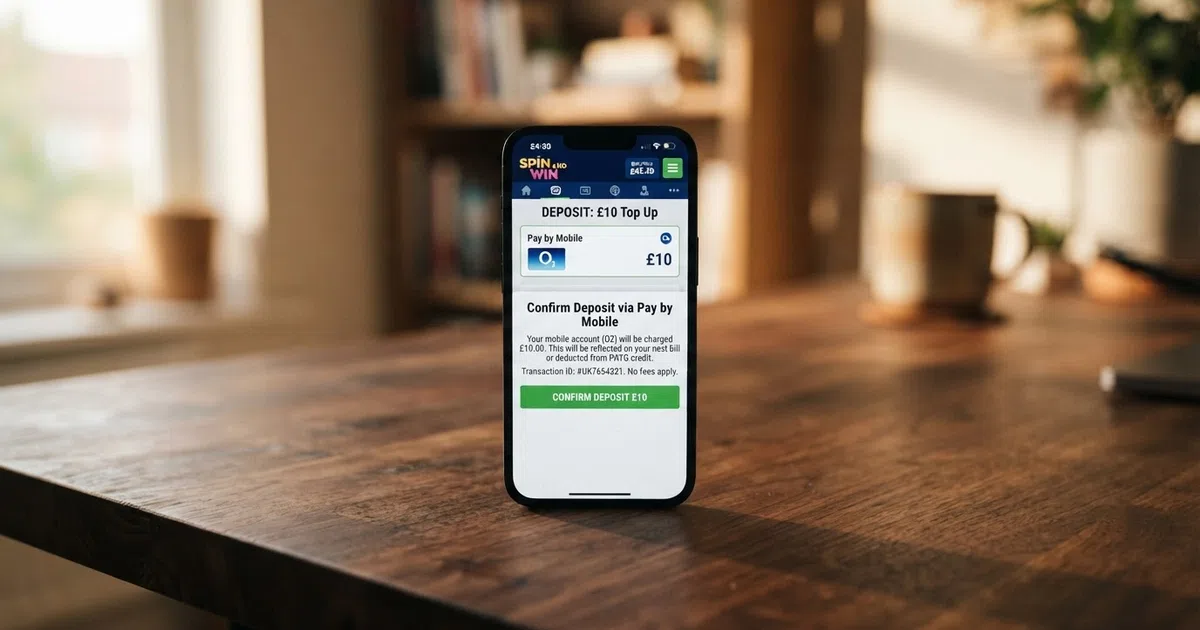A smartphone displaying a casino lobby with a “Pay by Mobile” deposit screen open, showing a £10 amount and a carrier-billing confirmation prompt