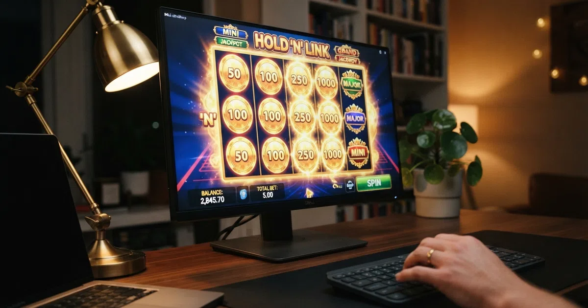 A NetGame Entertainment slot game interface showing the Hold 'N' Link bonus mechanic in play on a desktop browser with the reels spinning