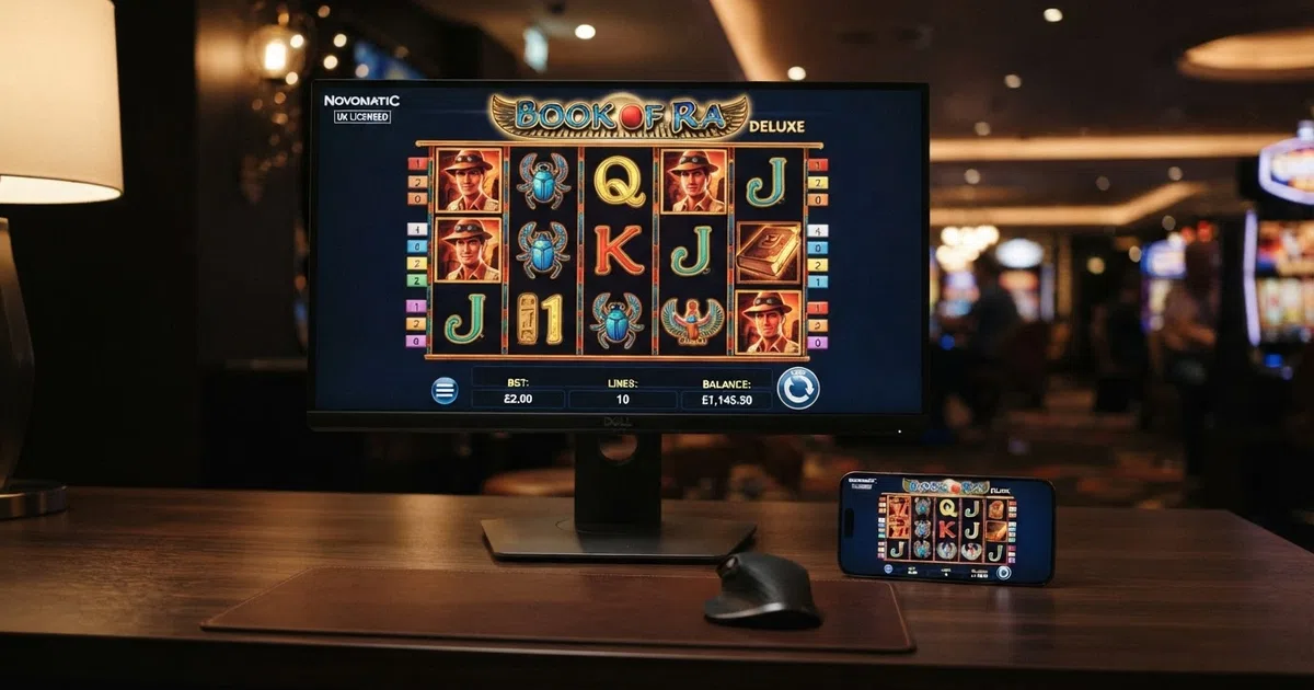 A Novomatic slot game reels visible on a desktop screen beside a mobile phone, with the Greentube and Novomatic branding visible in the interface
