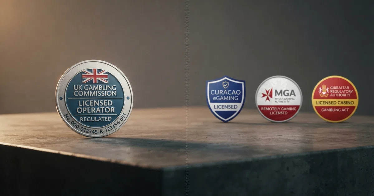 A split-view illustration: a UK Gambling Commission licence badge on the left side and offshore casino licence badges from Curacao, Malta and Gibraltar on the right, separated by a dashed line representing the UK border