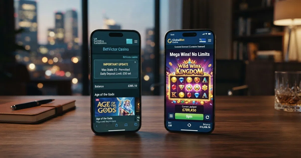 A split-screen visual contrasting a UKGC-licensed casino interface with its mandatory stake-limit and deposit-cap notifications against an offshore casino interface without those overlays
