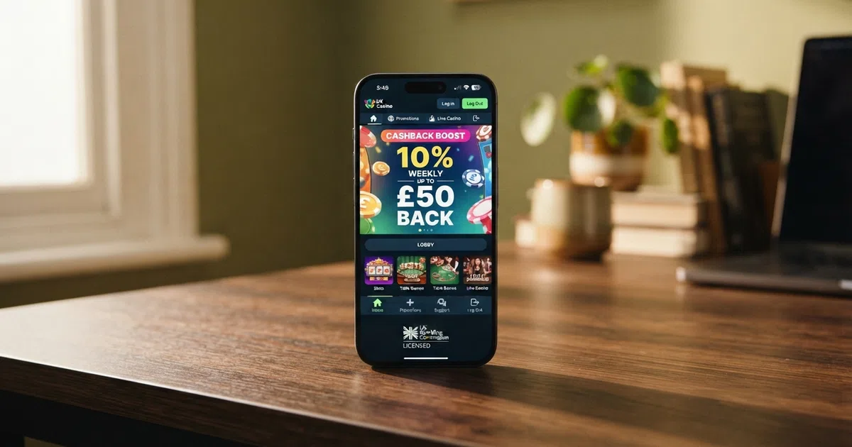 A UK online casino lobby screen with a cashback bonus banner displayed prominently, showing a percentage badge and terms summary