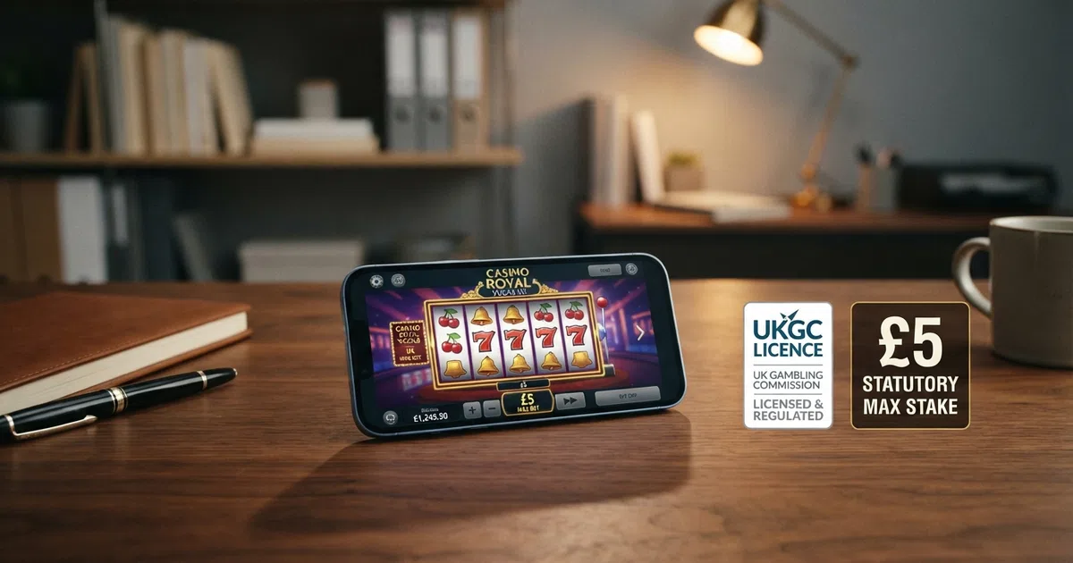 A UK online casino lobby screen with a slot game loaded, overlaid with a regulatory graphic showing a £5 maximum bet field and a UKGC licence badge