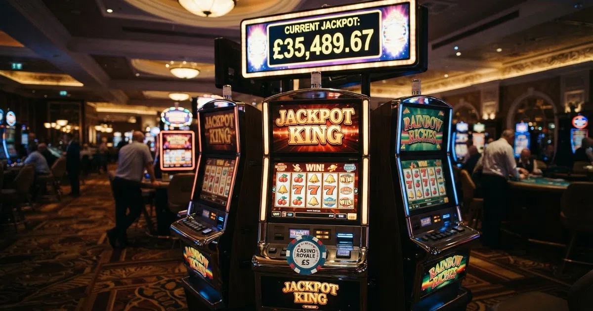 A row of illuminated slot machines with a large progressive-jackpot total glowing on an overhead display, set in a casino interior