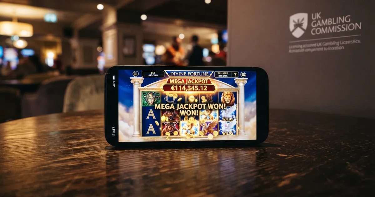 Divine Fortune slot reels on screen with the progressive Mega Jackpot counter visible, ancient-Greek-themed symbols and the Falling Wilds feature mid-animation