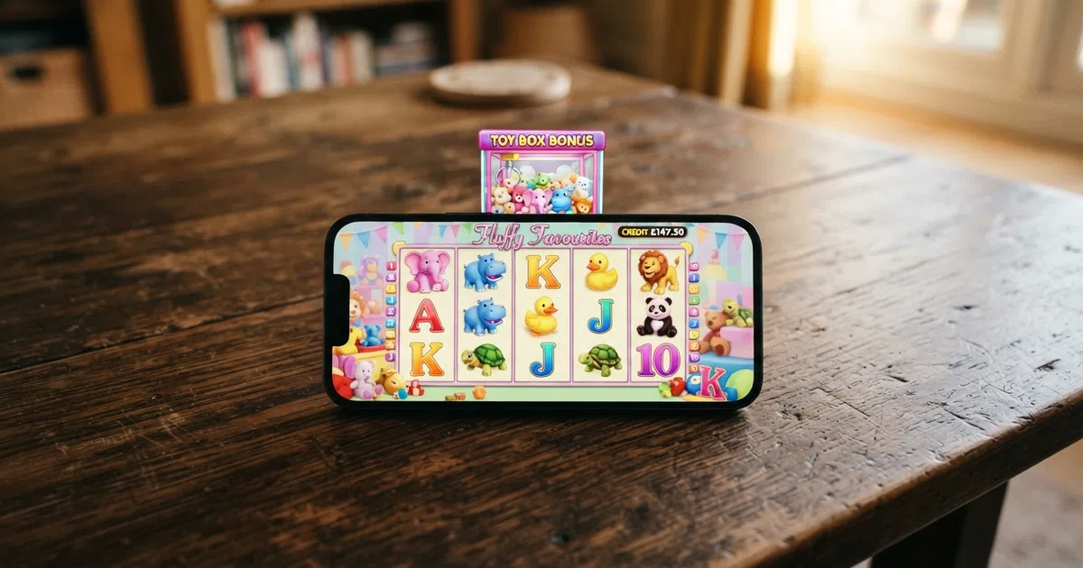 A selection of Eyecon slot game tiles including Fluffy Favourites with its colourful stuffed-toy symbols, arranged across a casino game lobby screen