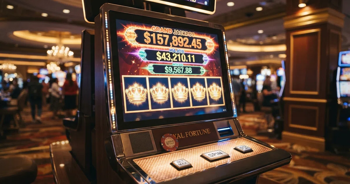 a slot reel showing five lit crown symbols beneath a three-level jackpot meter