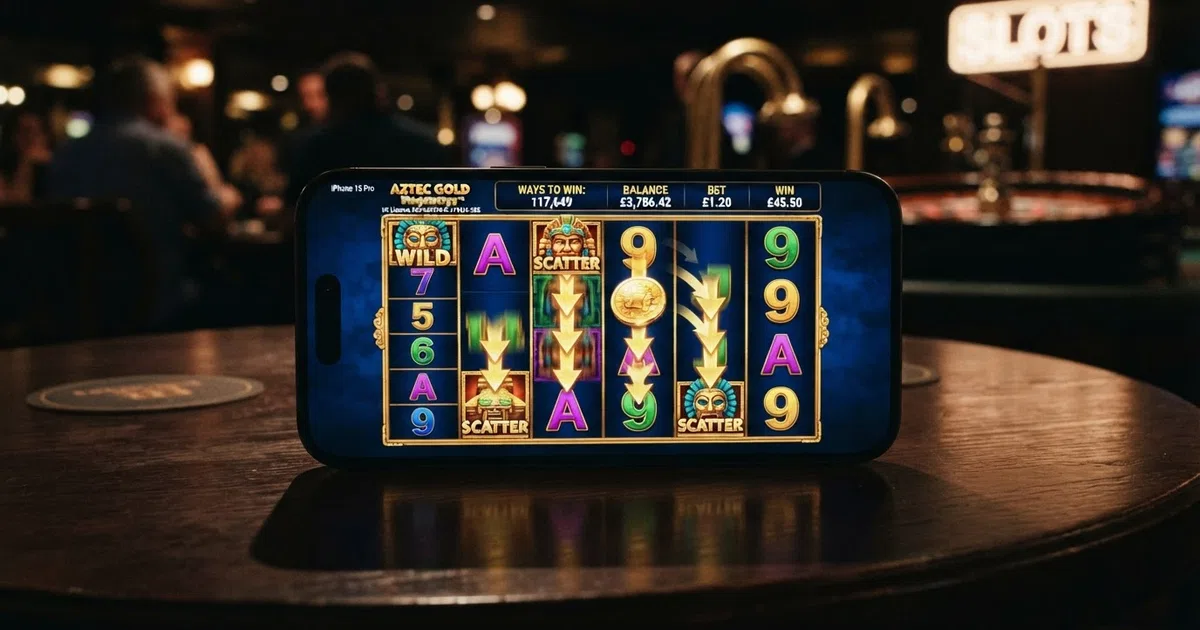 A 6-reel Megaways slot grid showing variable symbol heights per reel with cascading-reel arrows overlaid on the grid