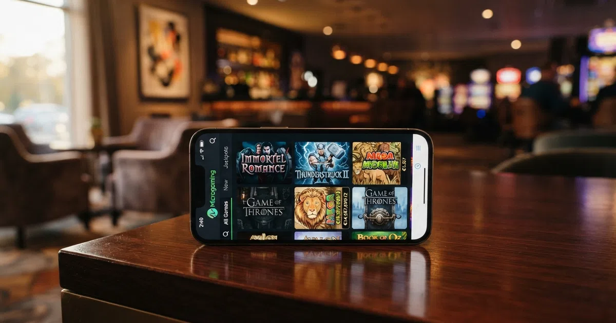A casino lobby screen displaying a grid of Microgaming slot tiles — Immortal Romance, Thunderstruck II, Mega Moolah and Jurassic Park among them — with a search bar and category filter visible